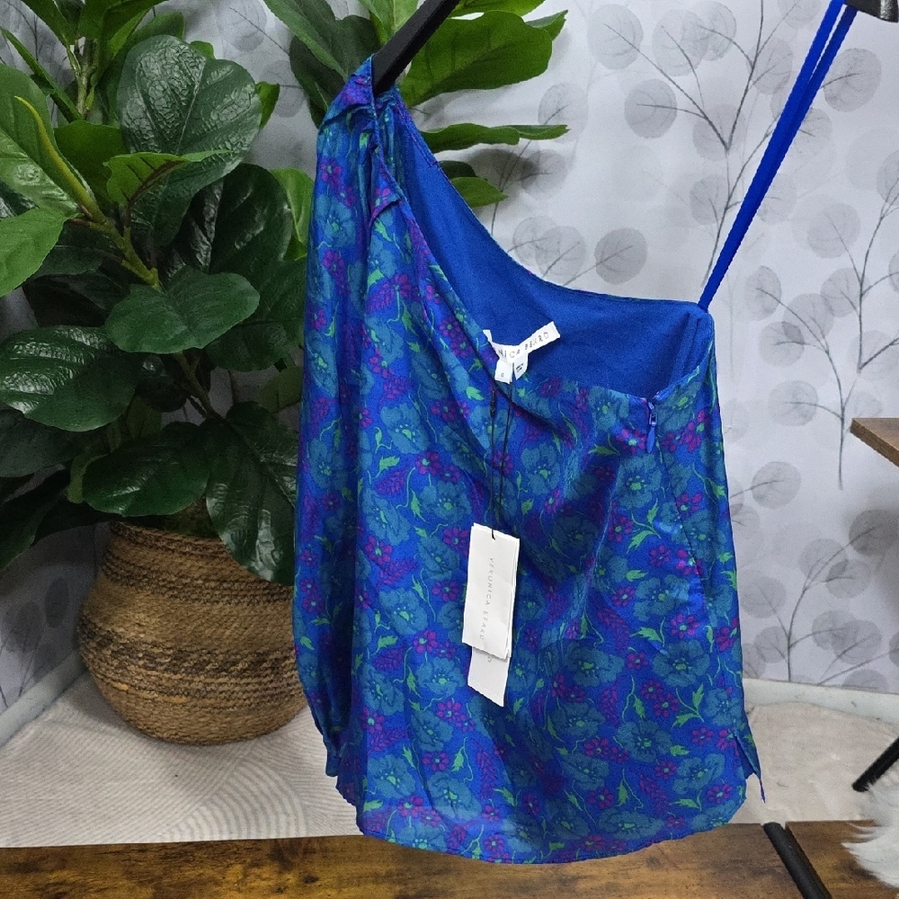 Veronica Beard Lyric One-Shoulder Silk Top in Cobalt Multi - Picture 9 of 10